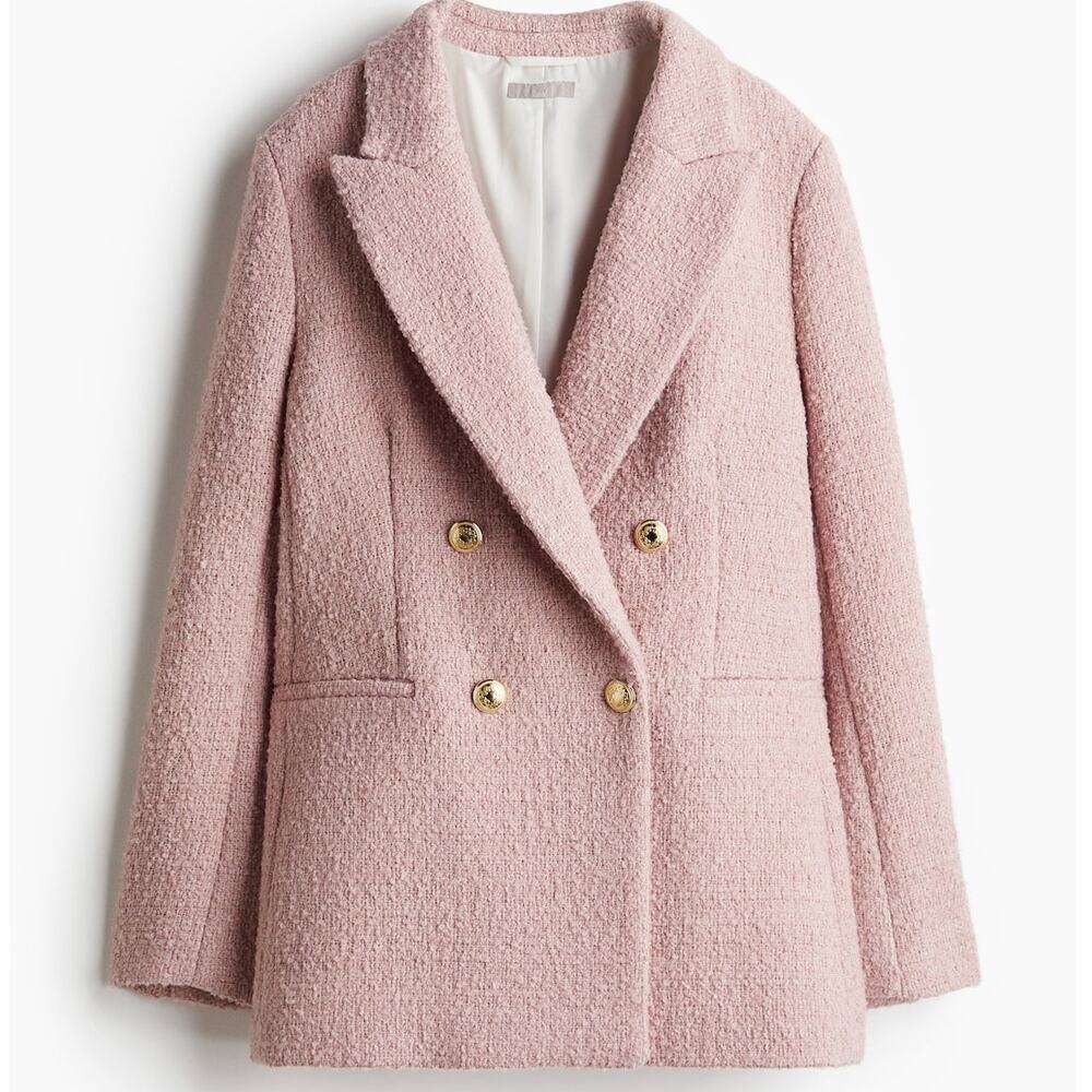 H&M Light Pink Textured Weave Double Breasted Gold Buttons Jacket Blazer Small
